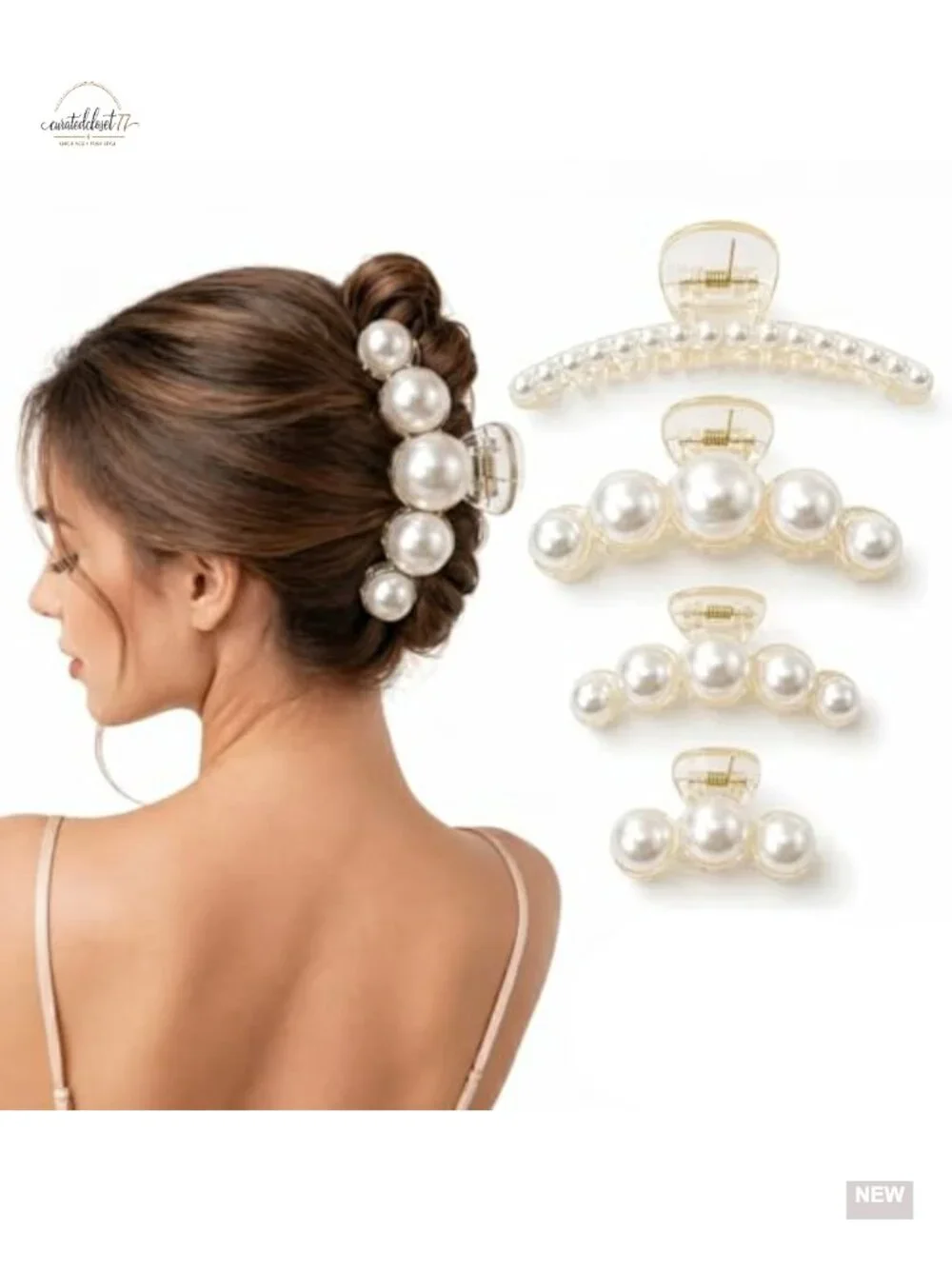 4 Pack Faux Pearl Hair Claw Clips, 4 Sizes Strong Hold Jaw Clips for Thick or